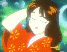 a cartoon girl in a red kimono with yellow flowers on it