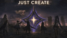 a group of people standing next to each other in front of a large star .