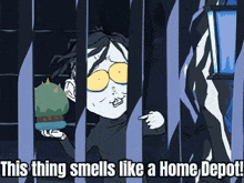 a cartoon of a man behind bars with the words " this thing smells like a home depot "