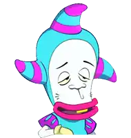 a cartoon character with a purple and blue hat and a big pink mouth