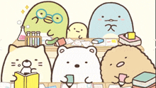 a group of cartoon characters are sitting at a table with books