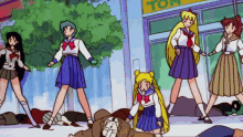 a group of cartoon characters are standing in front of a store that says tom