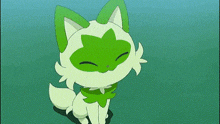 a cartoon cat with green ears and a green scarf says happy