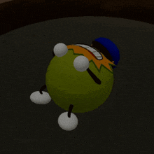 a green ball with arms and legs is wearing a hat