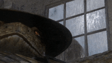 a snake in a hat looks out a window