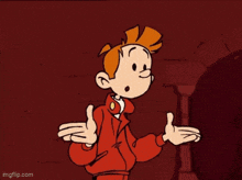 two cartoon characters are standing next to each other with their arms outstretched .