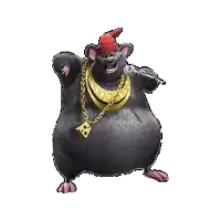 a cartoon rat wearing a hat , chains , and a cheese necklace .