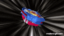 a blue and red toy spinning in the air