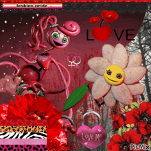 a picture of a flower with a smiley face and a pink heart that says love me