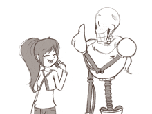 a drawing of a girl and a skeleton giving thumbs up