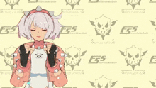 a girl in a pink jacket stands in front of a pattern of skulls and the word fss