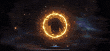 a glowing circle in the middle of a dark space with a light coming out of it