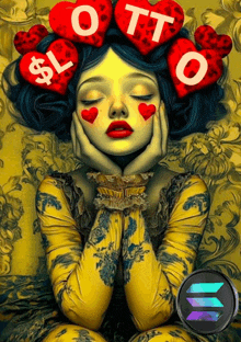 a painting of a woman with hearts on her head and the word lotto on her face
