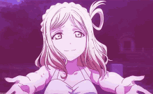 a purple background with a girl in a white dress with her hands outstretched .