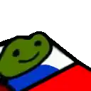 a couple of frogs are sitting next to each other on a red , white and blue blanket .