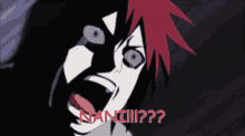 a cartoon character with red hair is screaming and has the word nanichi written on the bottom