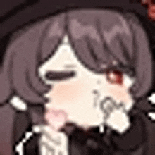 a close up of a pixel art of a girl with long hair and a hat .