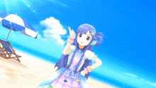 a girl with long purple hair is standing on a beach with an umbrella
