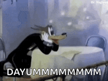 a cartoon wolf is sitting at a table with a napkin on it and eating a banana .