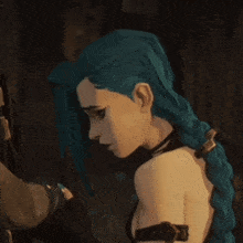 a cartoon character with blue hair is being held by a man