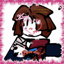 a cartoon character with a heart and the words kisses bom dia on the bottom