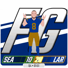 a football player with the number 8 on his jersey stands in front of a fg logo