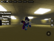 a screenshot of a roblox game that says play runaway emotes sync morphs and stop all