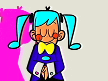 a cartoon drawing of a girl with blue hair and a yellow bow tie