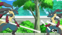 two pokemon are standing next to each other holding sticks in a cartoon .