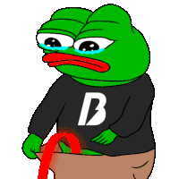 a green frog wearing a black shirt with a letter b on it