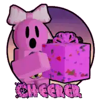 a cartoon drawing of a pink ghost holding a purple gift box with the word cheer on it