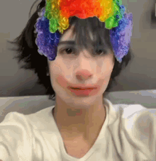 a young man wearing a clown wig on his head .