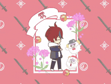 a drawing of a boy with blue hair surrounded by flowers and scissors