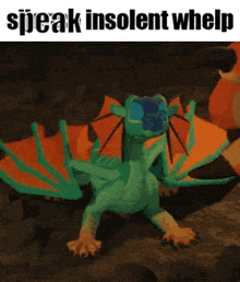 a green dragon with orange wings is sitting on a rock with the words speak insolent whelp below it