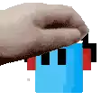 a pixel art of a hand holding a blue block with red and black stripes .