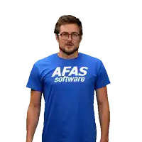 a man wears a blue afas software shirt