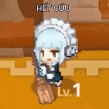 a cartoon girl in a maid costume is holding a broom in a video game .