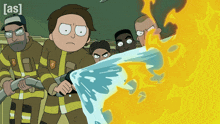 a cartoon of firefighters fighting a fire with the letters [ as ] on the bottom left