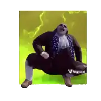a man in a suit is dancing in front of a green lightning background