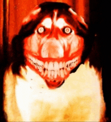 a painting of a scary dog with a big smile on its face