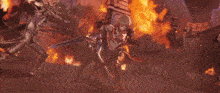 a video game scene shows a person being struck by a sword