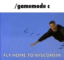 a man is flying through the air with a flock of birds .