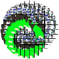 a group of people are standing in a circle with a green circle in the middle