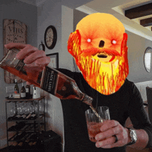 a man is pouring a drink from a bottle of black label