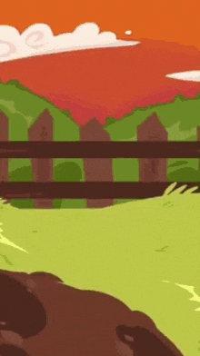 a cartoon illustration of a cow standing in a field with a fence in the background .