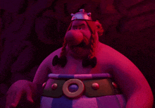 a cartoon character with a purple background and a belt with a ring on it