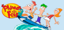 a poster for phineas and ferb shows phineas riding a jet ski