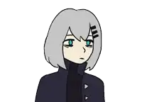 a drawing of a girl with gray hair and black gloves covering her face