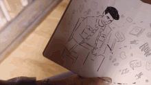 a drawing of a man is surrounded by various symbols including a heart and a book