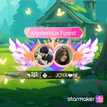 a picture of a man and woman with wings and the words mysterious forest
